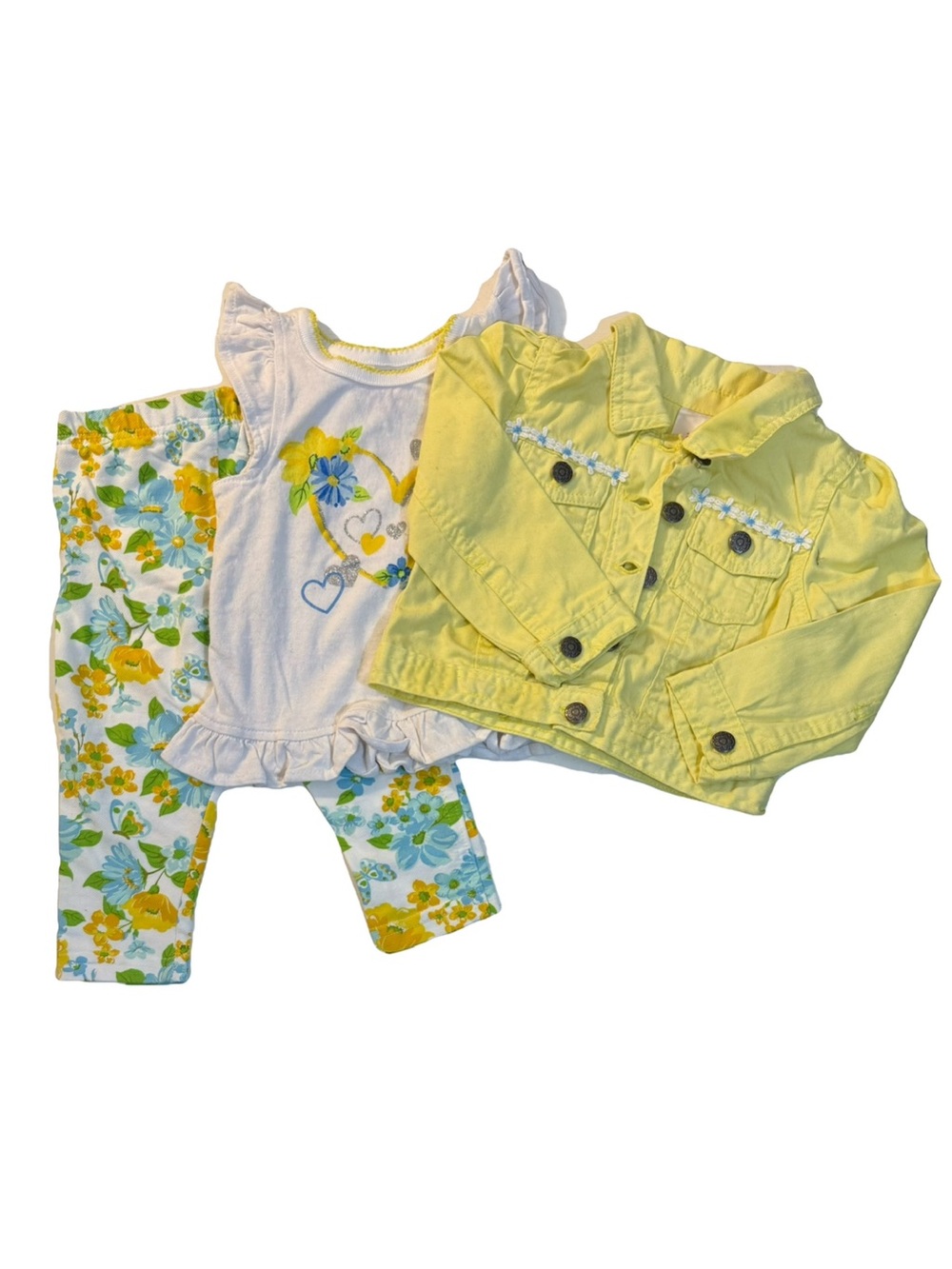 Nannette White Baby Top with Floral Pants and yellow denim jacket